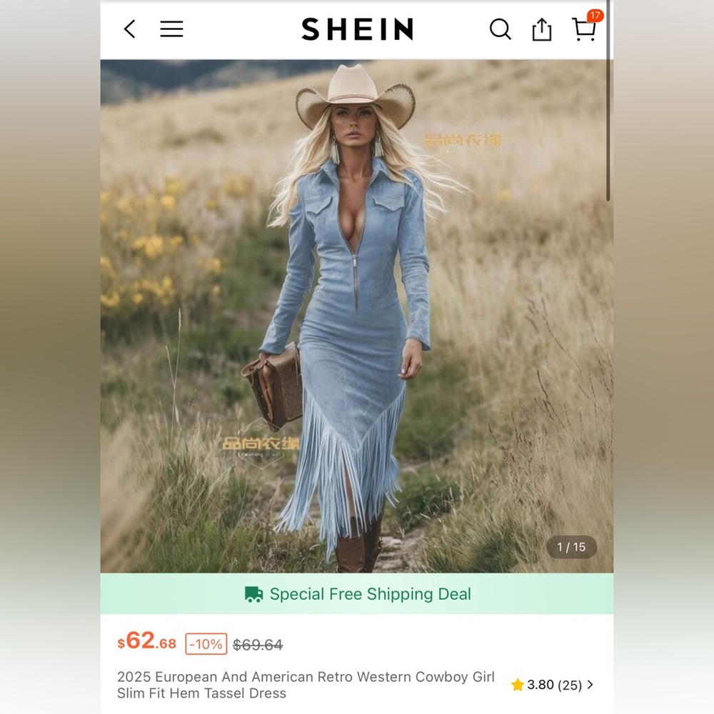 SHEIN European And American Retro Western Cowboy Girl Slim Fit Hem Tassel Dress